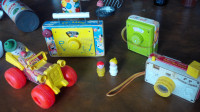 7 Very Old Fisher-Price Toys, All Wood or Wood Base, See Pics
