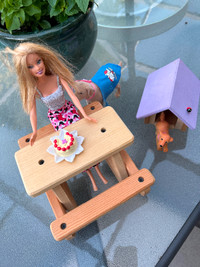 Barbie wood Picnic  table with Vintage Barbie and Puppies house