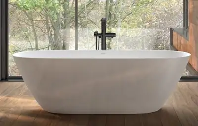 Victoria + Albert solid surface, freestanding soaking bathtub. Matt white, c/w polished nickel tub s...