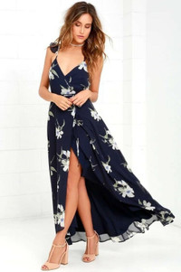 Lulus high low wrap dress, navy blue floral