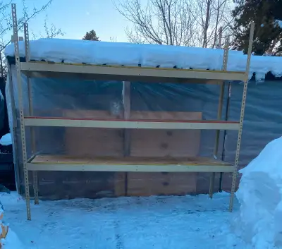 Sturdy shelving units for sale. 6’T x 2’ x 8’ long. Three levels of adjustable shelving with 3/4” pl...