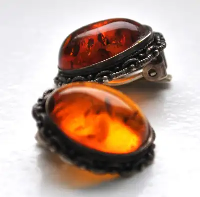 AMBER SILVER CLIP ON EARRINGS - Stamped 925 on clip - Beautiful clear polished cabochon with natural...