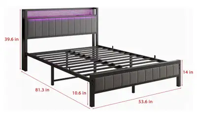 Full Bed Frame w\LED Lights Storage Headboard & USB Charging, View more