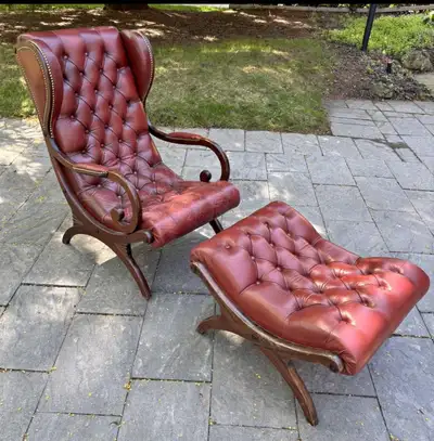 Vintage tufted leather lounge chair with matching ottoman, View more
