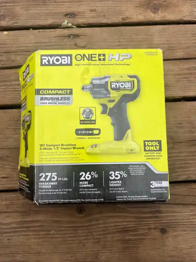 BRAND NEW RYOBI ONE+ HP 18V COMPACT BRUSHLESS 1/2" IMPACT, View more