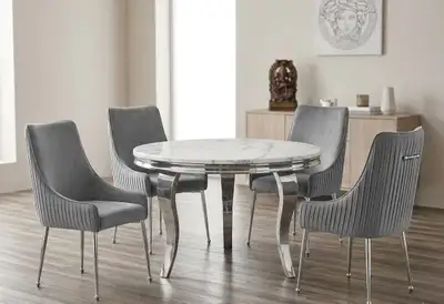 Brand New Round Marble  Dining Table with Chrome Base & 4 Chairs, View more