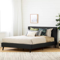 Charcoal linen upholstered queen bed frame. 