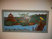 Large 36" by 16" vintage ca.1950 Chinoiserie style painting on a