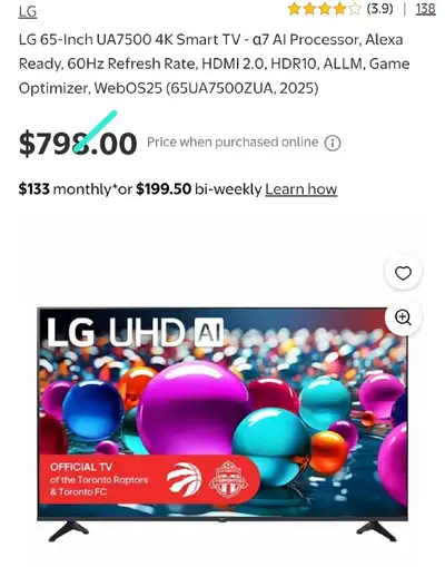 LG 65" UA7500 4K Smart TV - α7 AI Processor, Alexa Ready, View more