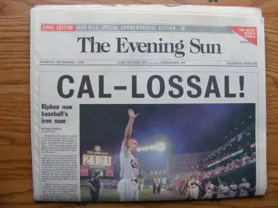 1995 Cal Ripken Jr. "Commemorative" Baltimore Evening Sun Newspaper I have for sale the (complete) B...