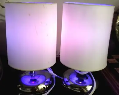 A PAIR PURPLE LIGHTS TABLE LAMPS, View more