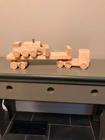 Hand made wooden tractor trailer and bull dozer. Total length of 18"