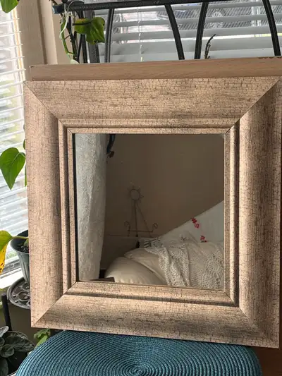 Mirror, 16” square, distressed wood- look finish frame, View more