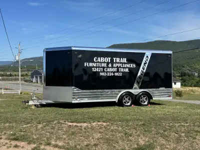 Delux aluminum snowmobile hauler 14’x 7.5’ plus 5’ V nose 2 -3500lb axels with brakes LED lights , p...