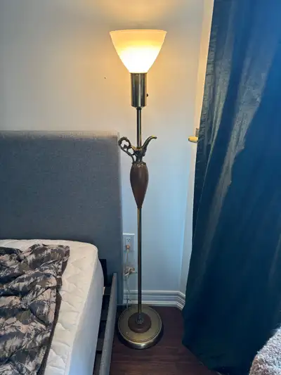 Vintage Brass and Wood Floor Lamp with Milk Glass Shade