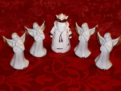 4 Porcelain Angels and Old King Wenceslas : As Shown, View more