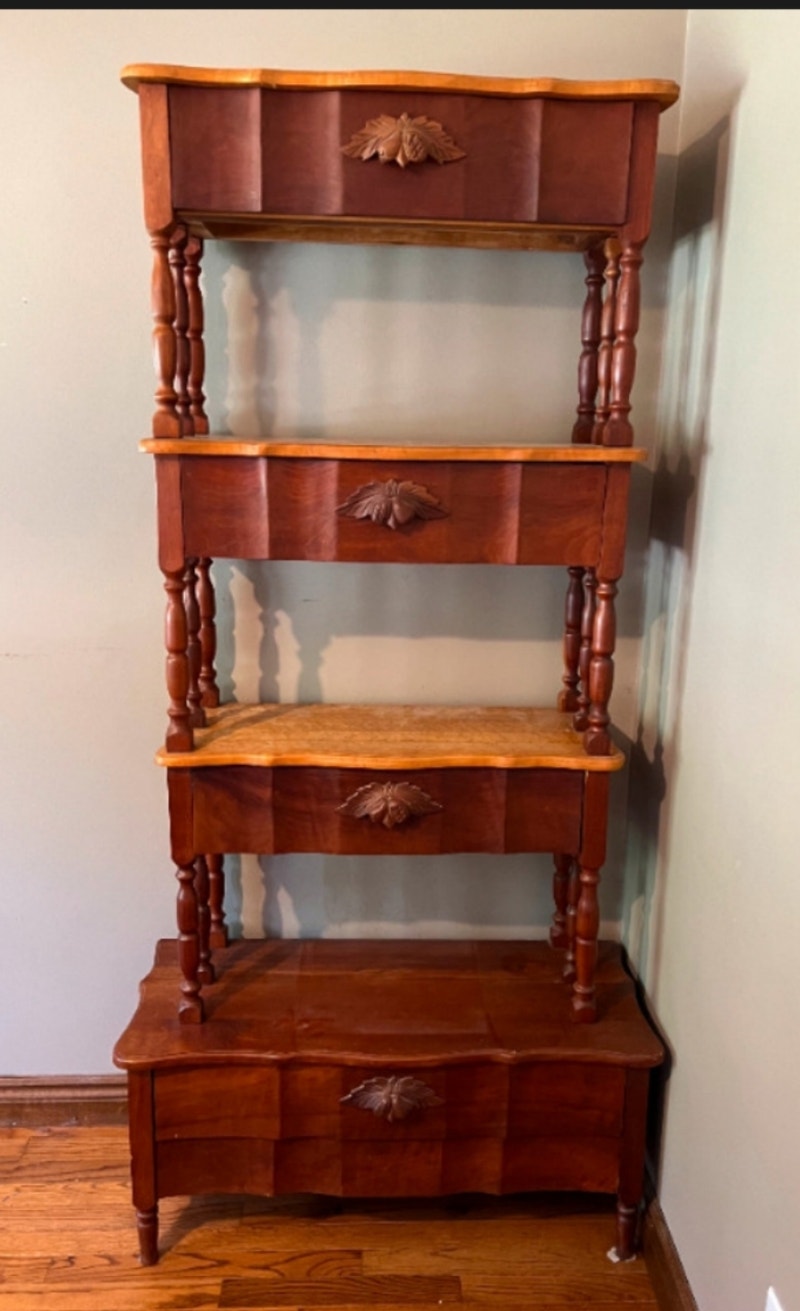 1950s beautifully handcrafted cherry and maple shelving/drawers