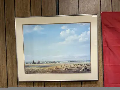 Beautiful vintage 1970s Alberta prairie landscape by E. Oltean, featuring classic wooden grain eleva...