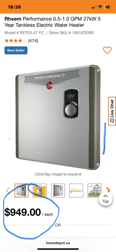 Rheem Performance 0.5-1.0 GPM 27kW 5Year Tankless Electric Wate, View more