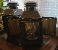 Black metal box oil lamps (pair) w/doors and hanger/handle