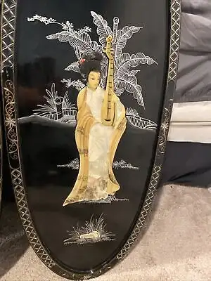 2 Vintage Asian Black Lacquer Mother of Pearl Wall Panels, View more