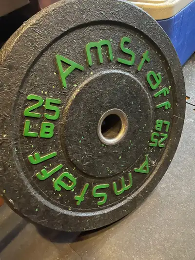 Selling gym Plates pairs Amstaff Bumper Plate 25lb (Green Writing) $60 for the pair Amstaff 15lb bum...