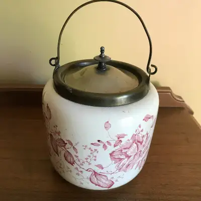 Antique or Vintage Biscuit Barrel / Cookie Jar, Red Floral Transferware Pattern. Large flowers/peoni...