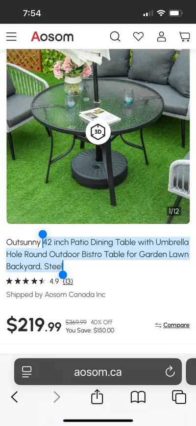 42 inch Patio Dining Table with Umbrella Hole Round Outdoor Bist, View more