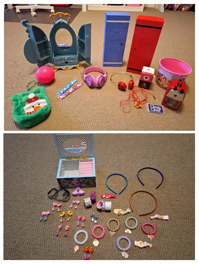 - lot includes an armoire jewelry cabinet and a jewelry box, both from the Disney store; headphones,...