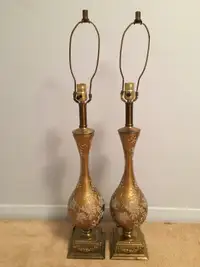 TABLE LAMPS (2) GOLD BRASS GLASS FINISH VINTAGE