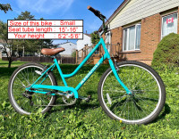 Turquoise hybrid bike bicycle, 16” frame, 26” tires, 7 speeds