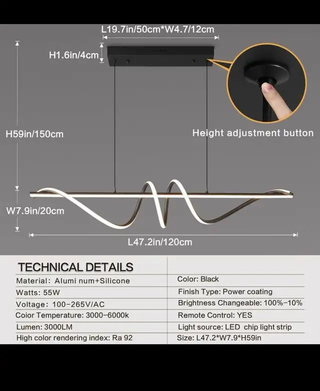 Black Modern Chandelier, Anti-Glare LED Chandelier L47.2” Pendan in Indoor Lighting & Fans in Hamilton - Image 5