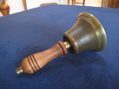 ANTIQUE HAND-HELD BRASS SCHOOL BELL - 7" tall - wood handle, View more