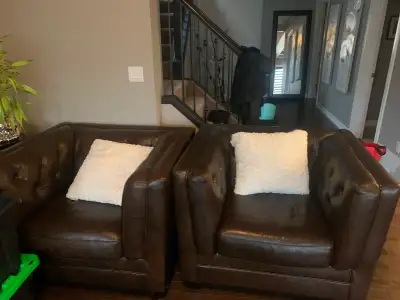 Brown leather couch & 2 chairs, View more