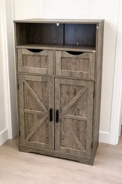 Rustic Storage Cabinet – Good Condition Selling a farmhouse-style storage cabinet with drawers and s...