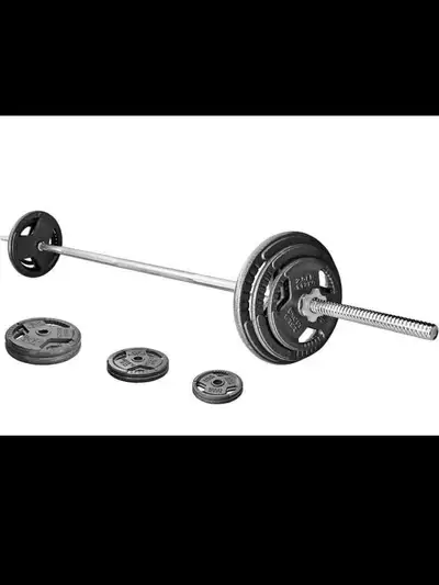 Brand new Signature Fitness Cast Iron Standard Weight Plates Including 5FT Standard Barbell with Sta...