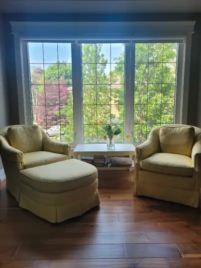 For Sale: 2 Chairs + Ottoman Beautiful leaf-patterned upholstery in a soft yellow. Gently used and i...