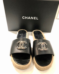 Authentic CHANEL Espadrilles Black Calkskin Sandals Slides