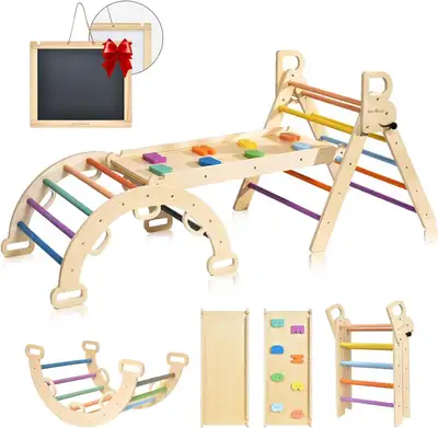 BlueWood Pikler Triangle Set, 7-in-1 Foldable Wooden Toddler Climbing Toys Indoor Playground Jungle...
