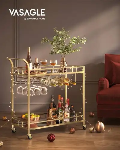 31.5" Home Bar Serving Cart, Wine Cart with 2 Mirrored Shelves, View more