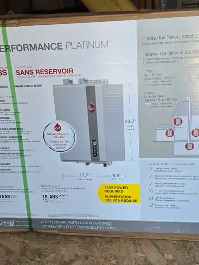 I'm selling a brand-new Rheem Tankless Hot Water Tank, Platinum Performance model, designed for supe...