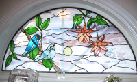 Stained glass half round window panel - Bluebirds & Flowers
