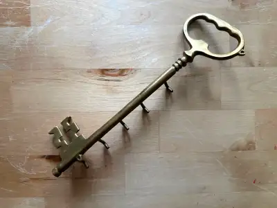 vintage solid brass key-shaped wall hook with 5 hooks, View more