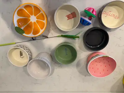 I’m selling used (LIKE NEW! ) cat bowls (all ceramics, great quality), toys, a nail clipper, a brush...