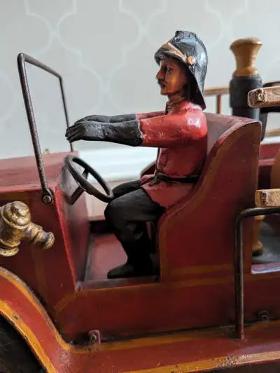 Antique Leornardo Luna Handmade Wooden Metal Toy Fire Truck with Fire Fighter. This vintage fire tru...