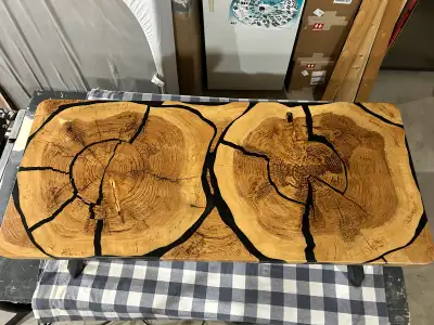 Live edge Hemlock exploding cookie coffee table, View more