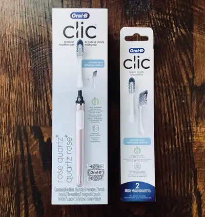 Brand New and Factory Sealed Oral-B Clic Starter Kit Metallic Rose Toothbrush Handle with (2) Oral-B...