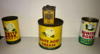 3 VINTAGE WHITE ROSE OIL / GREASE CANS + ENARCO COIN BANK CAN