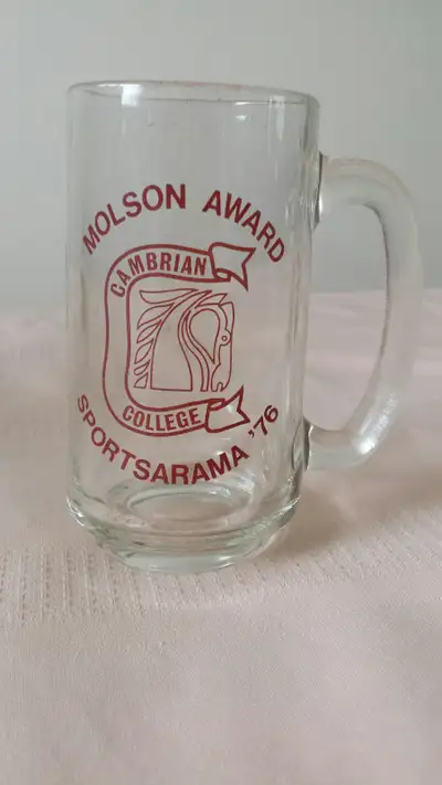 1976 Vintage beer mugs Cambrian College Sudbury ON, Sportsarama Molson Award Mugs are clear glass an...