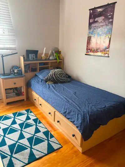Set de chambre lit simple avec rangement, table de chevet et com, View more